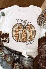 White Leopard Pumpkin Graphic Crewneck Halloween T Shirt Graphic Tees JT's Designer Fashion