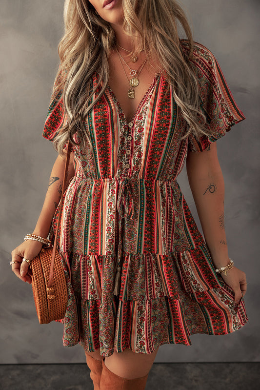 Red Bohemian Floral Print Buttoned V Neck Ruffle Tiered Dress Red 100%Polyester Floral Dresses JT's Designer Fashion