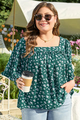 Green Floral Print Square Neck Ruffled Trim Plus Size Blouse Plus Size Blouses & Shirts JT's Designer Fashion