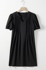 Black Notched Neck Pleated Puff Sleeve Shift T-shirt Dress T Shirt Dresses JT's Designer Fashion