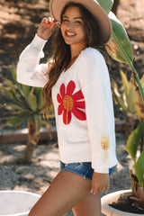 White Big Flower Pattern V Neck Drop Shoulder Sweater Sweaters JT's Designer Fashion