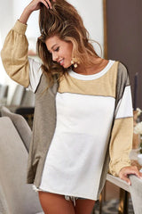 Khaki Exposed Seam Color Block Patchwork Top Long Sleeve Tops JT's Designer Fashion