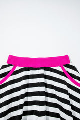 Black Stripe Contrast Ribbed Banding Long Sleeve Blouse Loose Shorts Set Short Sets JT's Designer Fashion