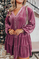 Meadow Mauve Plus Size Textured Velvet Tiered Buttons Tiered Dress Meadow Mauve 85%Polyester+10%Metallized fibres+5%Elastane Plus Size Mini Dresses JT's Designer Fashion