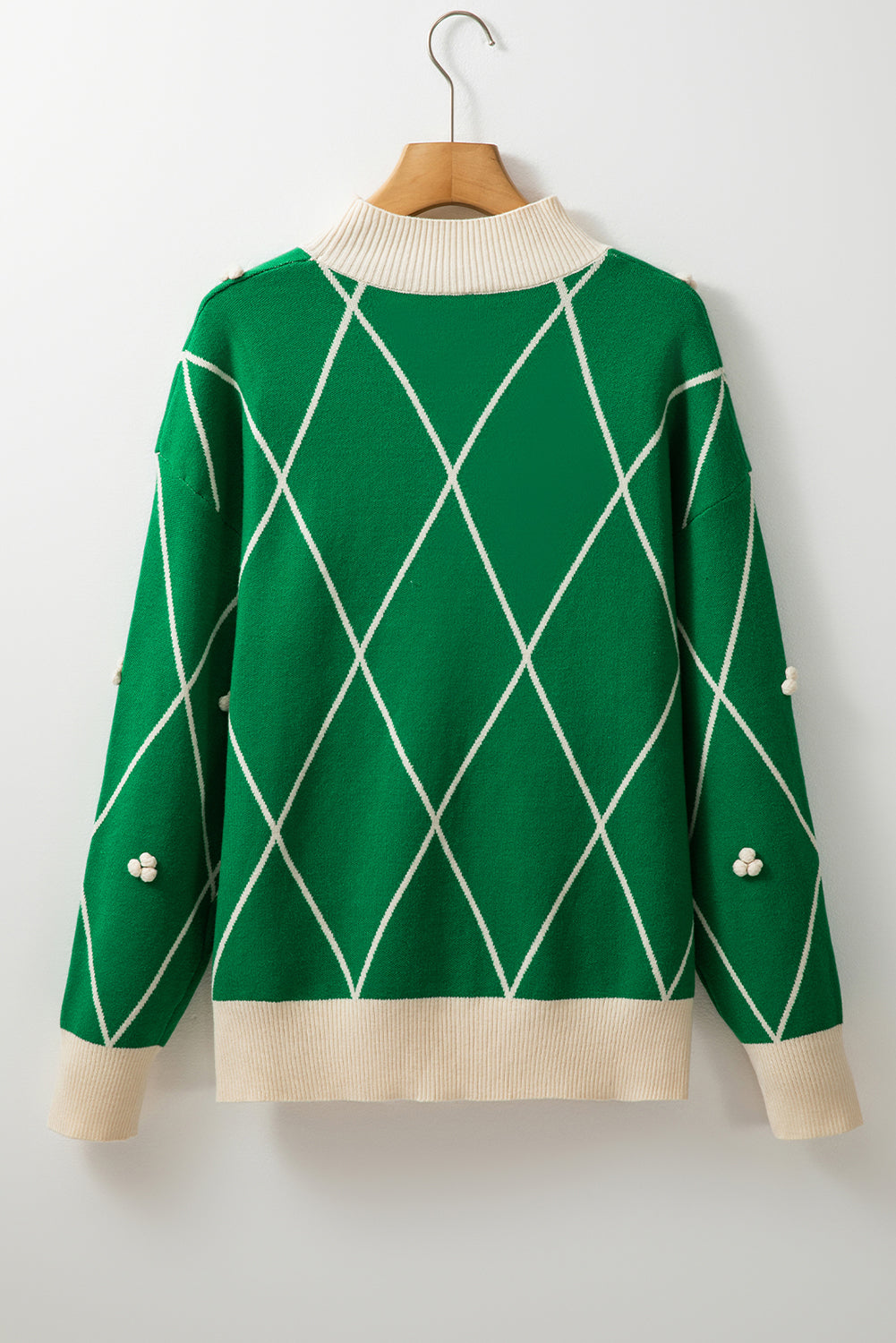 Dark Green Diamond Pattern Pom Accents Contrast Trim High Neck Sweater Sweaters JT's Designer Fashion
