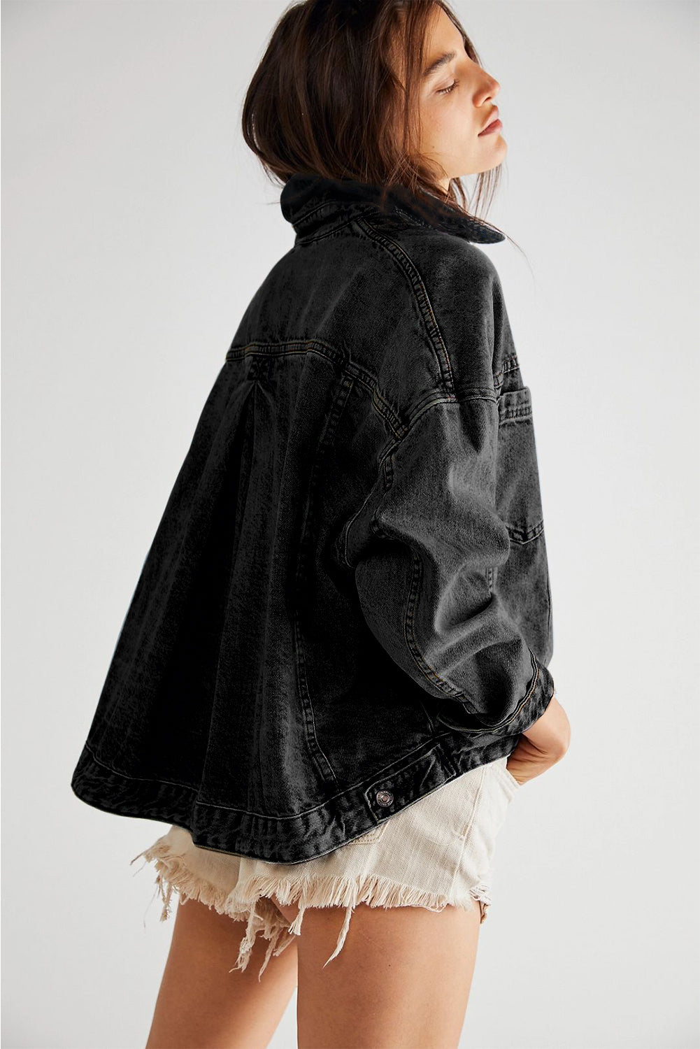 Black Washed Oversize Pocketed Denim Jacket Denim Jackets JT's Designer Fashion