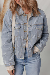 Sky Blue Bow Knot Print Light Wash Raw Hem Denim Jacket Denim Jackets JT's Designer Fashion