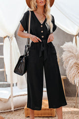 Black Dolman Button Belted V Neck Wide Leg Pocketed Jumpsuit Jumpsuits & Rompers JT's Designer Fashion