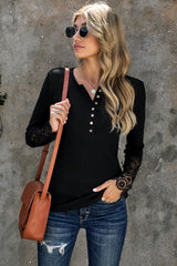 Black Crochet Lace Hem Sleeve Button Top Long Sleeve Tops JT's Designer Fashion