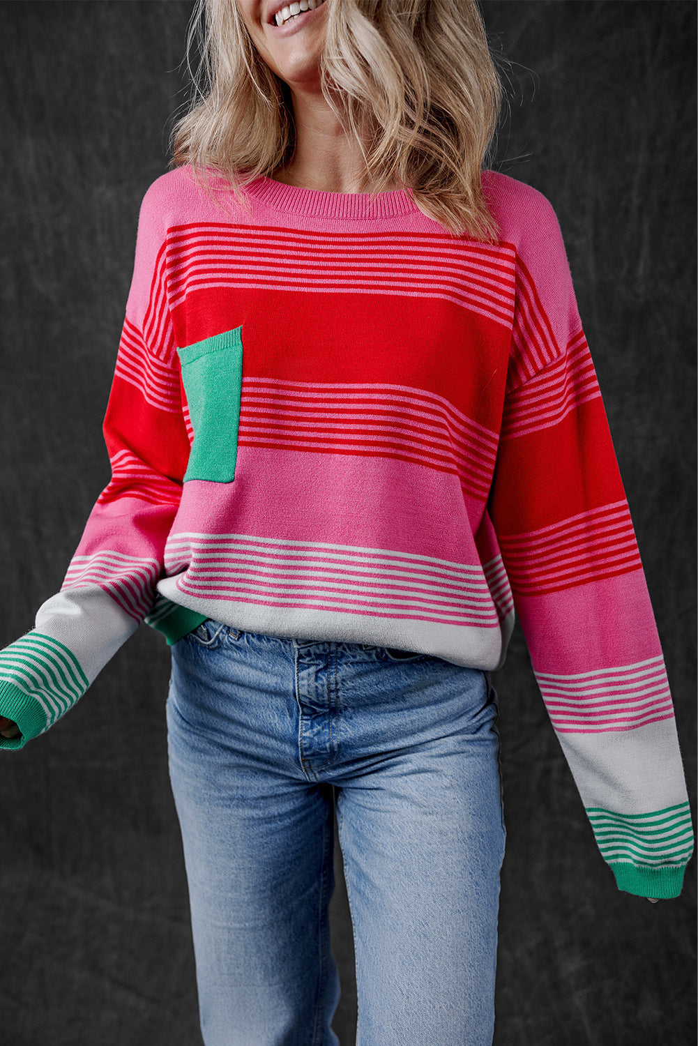 Rose Striped Knit Patch Pocket Drop Shoulder Sweater Sweaters JT's Designer Fashion
