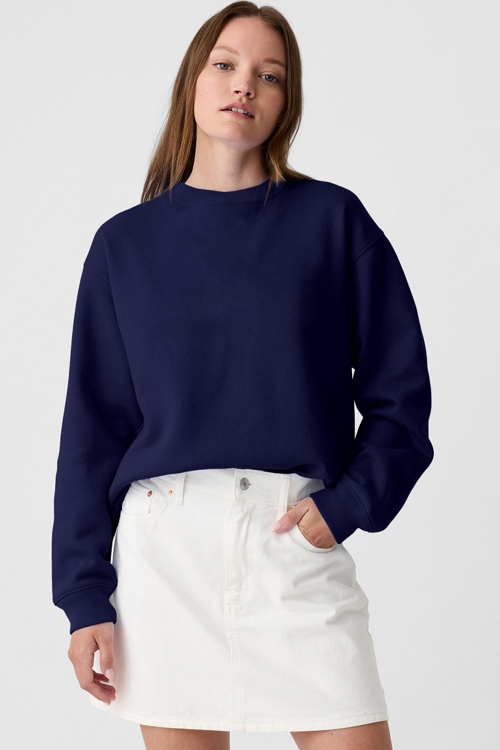 Navy Blue Solid Fleece Lined Drop Shoulder Terry Sweatshirt Sweatshirts & Hoodies JT's Designer Fashion