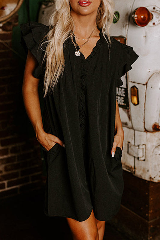 Black Frilled V Neck Pleated Ruffle Detail Short Shift Dress Mini Dresses JT's Designer Fashion