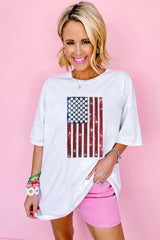 White Sequined American Flag Crewneck Oversized Tee Graphic Tees JT's Designer Fashion