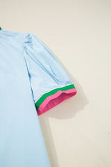 Myosotis Contrast Striped Notched V Neck Puff Sleeve Mini Dress Mini Dresses JT's Designer Fashion