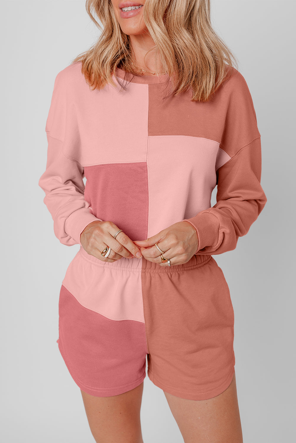 Peach Blossom Colorblock Patchwork Long Sleeve Shorts Outfit Short Sets JT's Designer Fashion