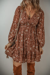 Brown Boho Floral Ruffled Puff Sleeve V Neck Mini Dress Floral Dresses JT's Designer Fashion