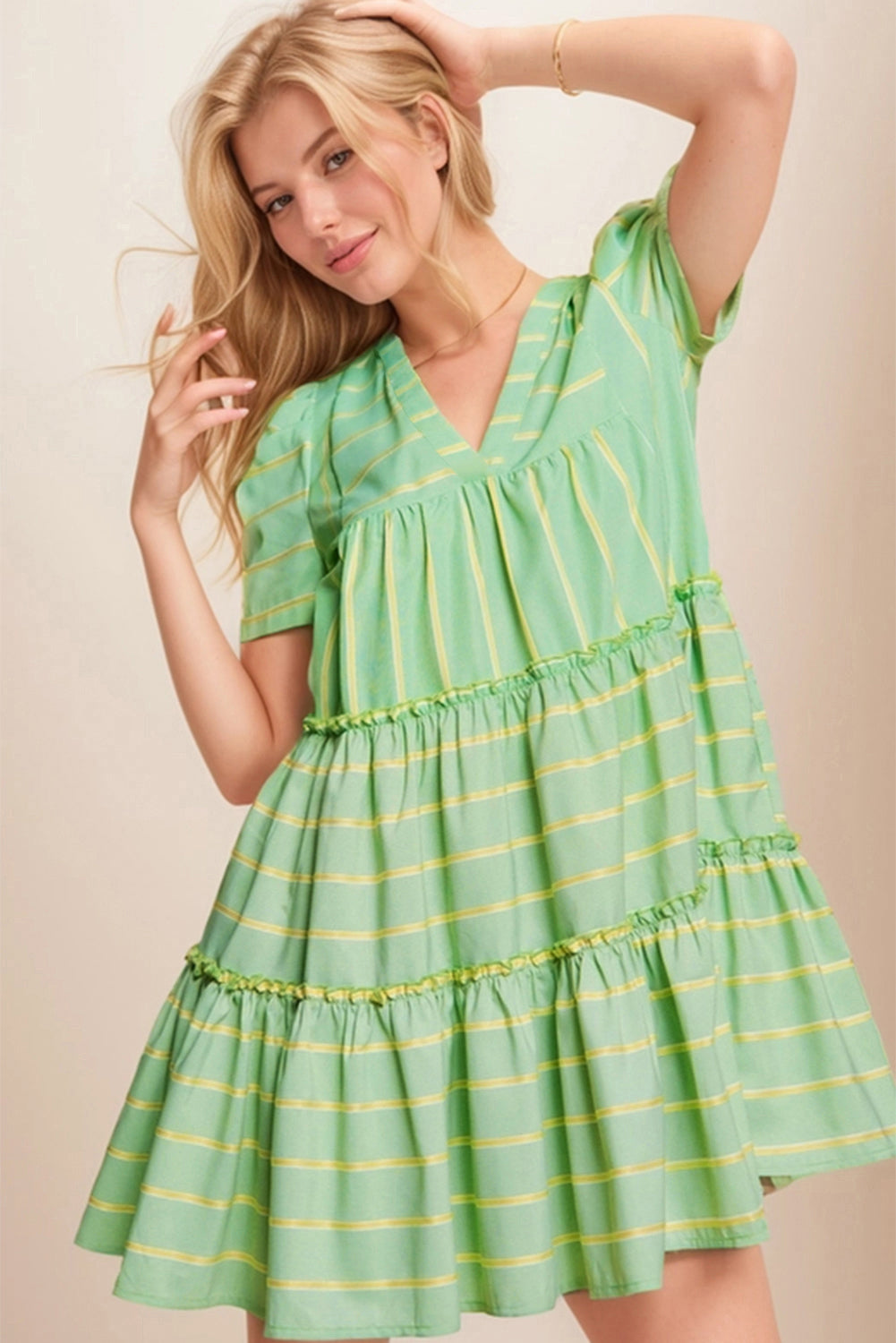 Green Stripe V Neck Short Sleeve Frilled Detail A-line Dress Dresses JT's Designer Fashion