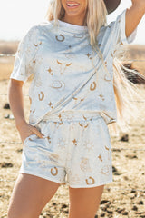 Gray Western Fashion Printed T Shirt Elastic Waist Shorts Set Short Sets JT's Designer Fashion