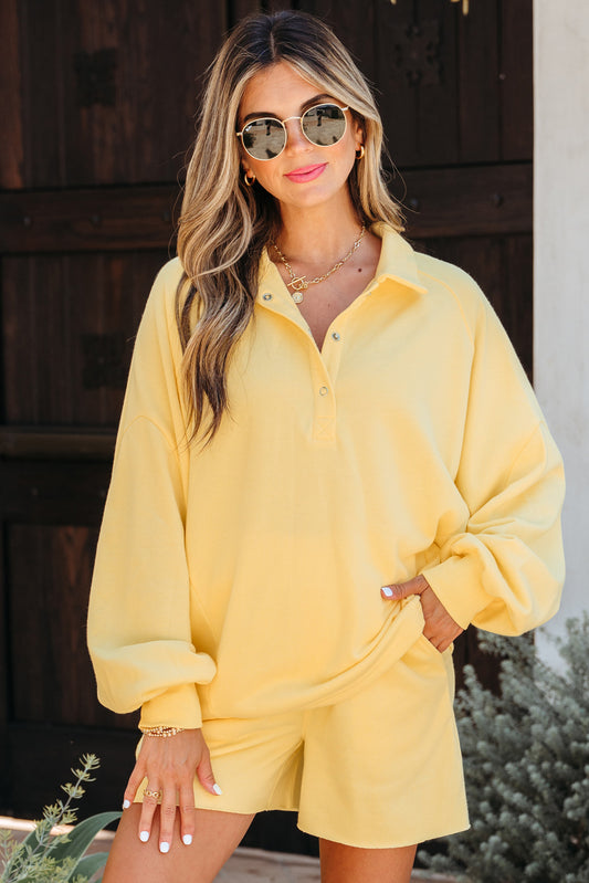 Yellow Cream Button Collar Drop Shoulder Pullover and Shorts 2pcs Outfit Yellow Cream 80%Polyester+20%Cotton Short Sets JT's Designer Fashion
