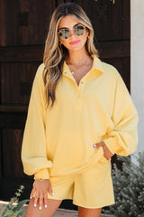 Yellow Cream Button Collar Drop Shoulder Pullover and Shorts 2pcs Outfit Yellow Cream 80%Polyester+20%Cotton Short Sets JT's Designer Fashion