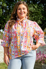 Pink Floral Ruffled Collar Bracelet Sleeve Plus Size Blouse Top Pink 100%Polyester Plus Size Blouses & Shirts JT's Designer Fashion