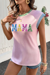 Pink Sequined MAMA Graphic Corded Rib Knit Colorblock T Shirt Graphic Tees JT's Designer Fashion