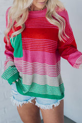 Rose Striped Knit Patch Pocket Drop Shoulder Sweater Sweaters JT's Designer Fashion