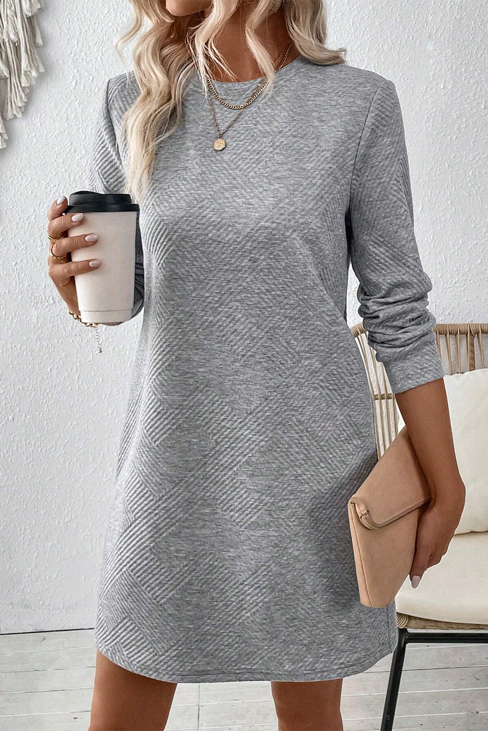 Gray Solid Color Textured Long Sleeve Shift Dress Mini Dresses JT's Designer Fashion