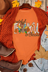 Orange Grateful Thankful Blessed Turkey Graphic Thanksgiving T Shirt Graphic Tees JT's Designer Fashion