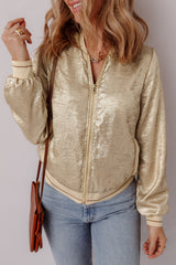 Pale Khaki Metallic Zip up Baseball Jacket Jackets JT's Designer Fashion