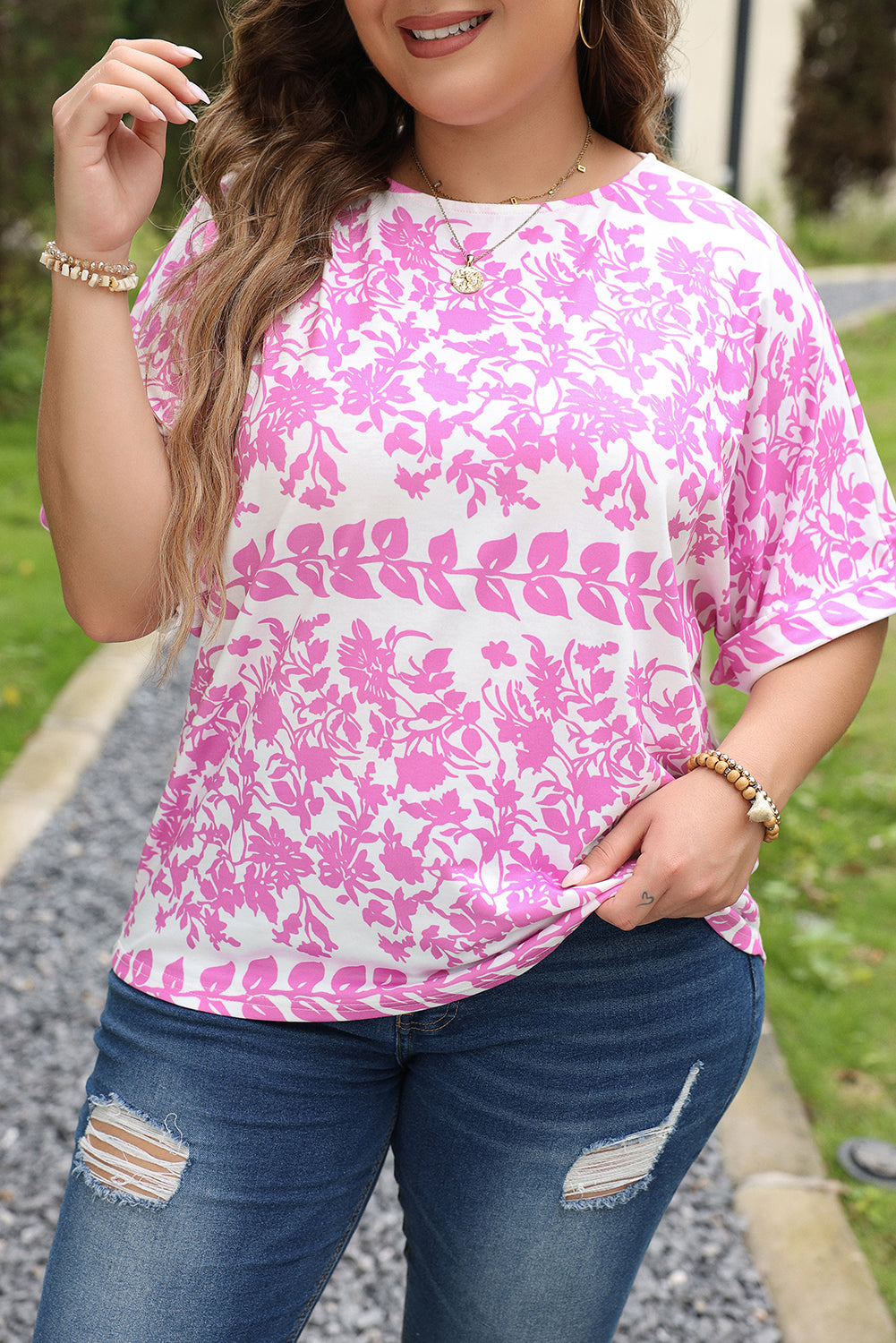 White Floral Printed Curved Hem Plus Size T Shirt Plus Size JT's Designer Fashion