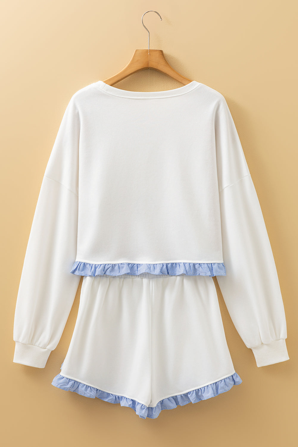 White Plaid Ruffled Patchwork Drop Shoulder Pullover and Drawstring Elastic Waist Shorts Matching Set Short Sets JT's Designer Fashion