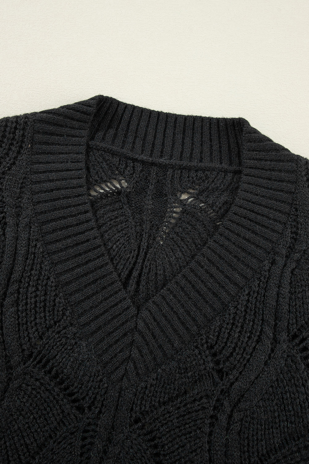 Black Hollow Out Knit V Neck Drop Shoulder Sweater Sweaters JT's Designer Fashion