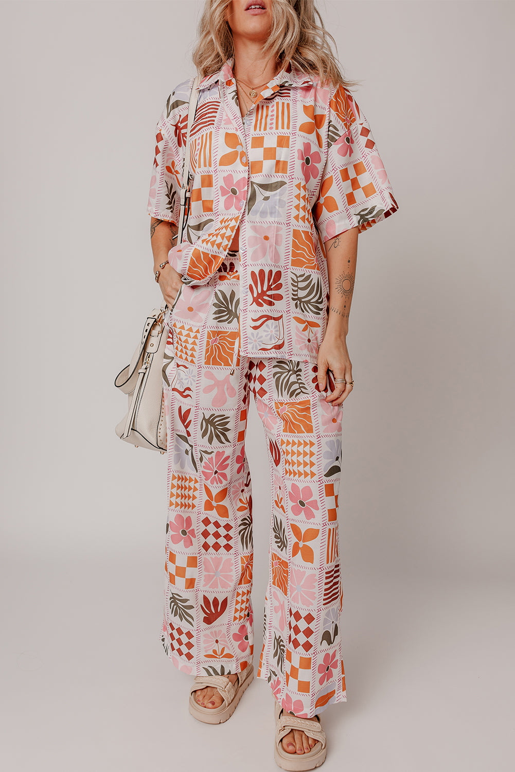 Orange Plant Checkered Print Collared Shirt and Wide Leg Pants Set Pant Sets JT's Designer Fashion