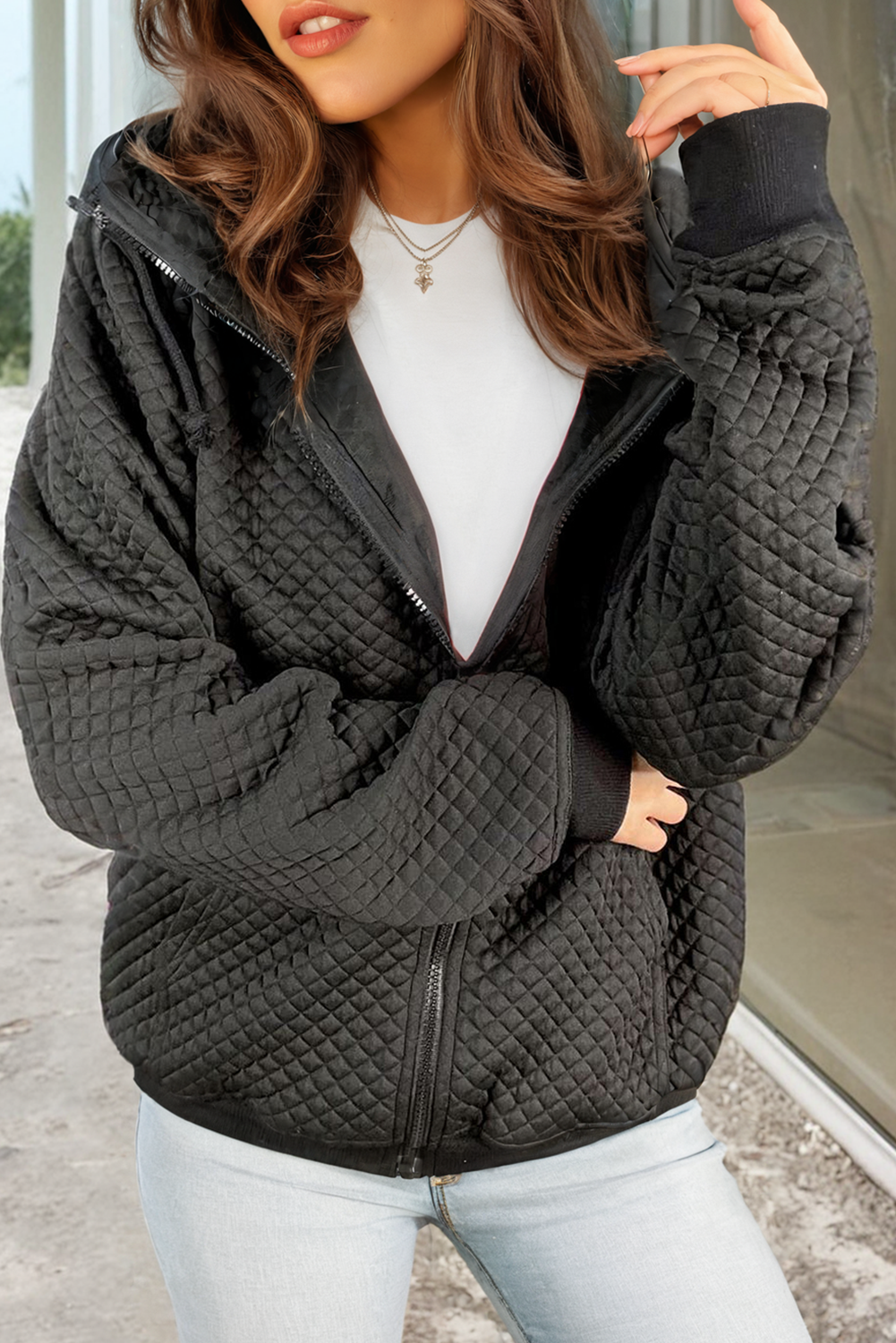 Black Quilted Side Pockets Zipper Hooded Jacket Jackets JT's Designer Fashion