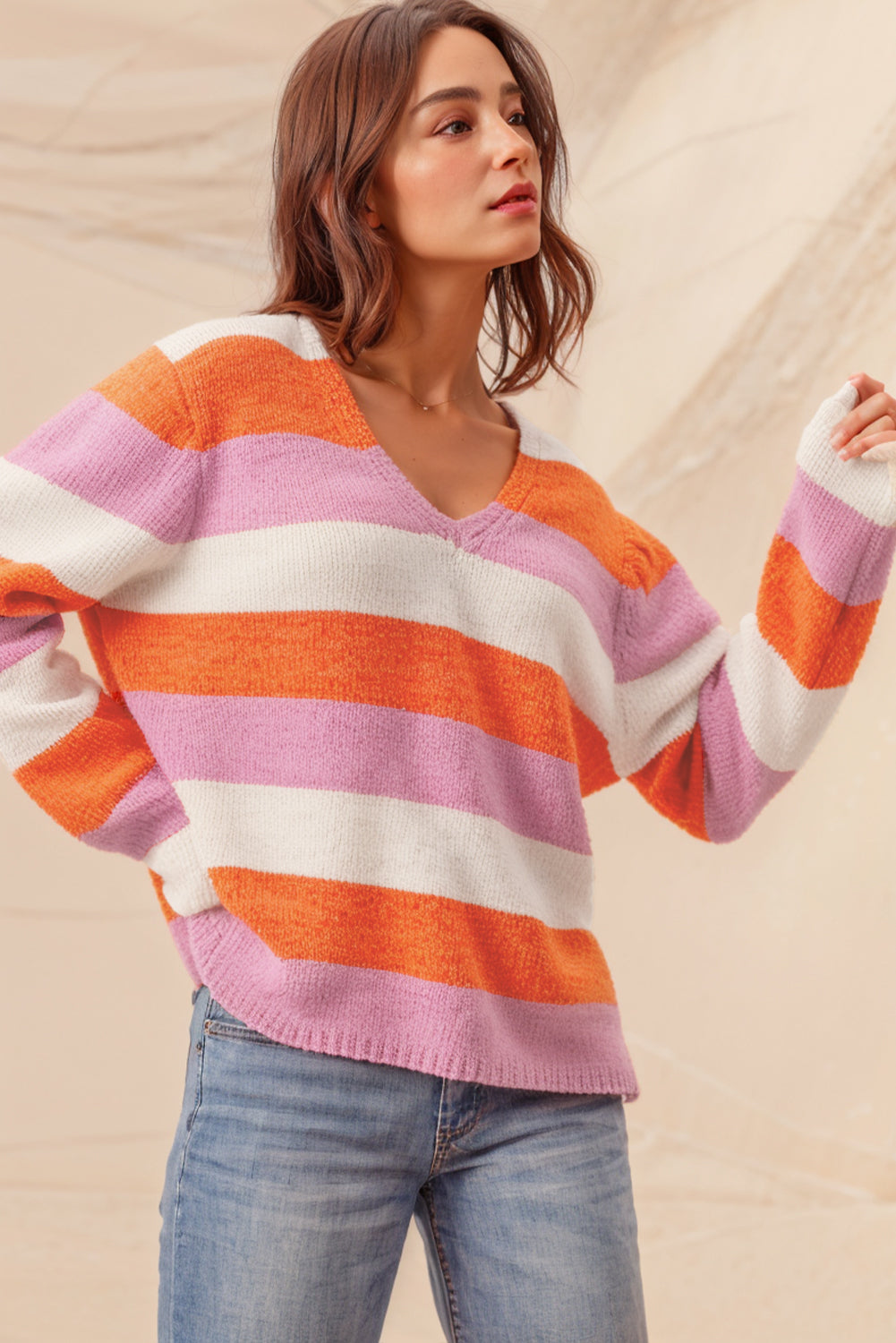 Orange Stripe Colorblock V Neck Casual Sweater Sweaters JT's Designer Fashion