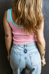 Pink Colorblock Edge Ribbed Knit U Neck Tank Top Sweaters & Cardigans JT's Designer Fashion