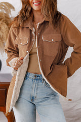 Cinnamon Fleece Lined Buttoned Flap Pockets Corduroy Jacket Jackets JT's Designer Fashion