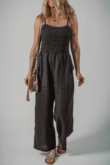 Black Spaghetti Straps Shirred Bodice Pocketed Wide Leg Jumpsuit Jumpsuits & Rompers JT's Designer Fashion