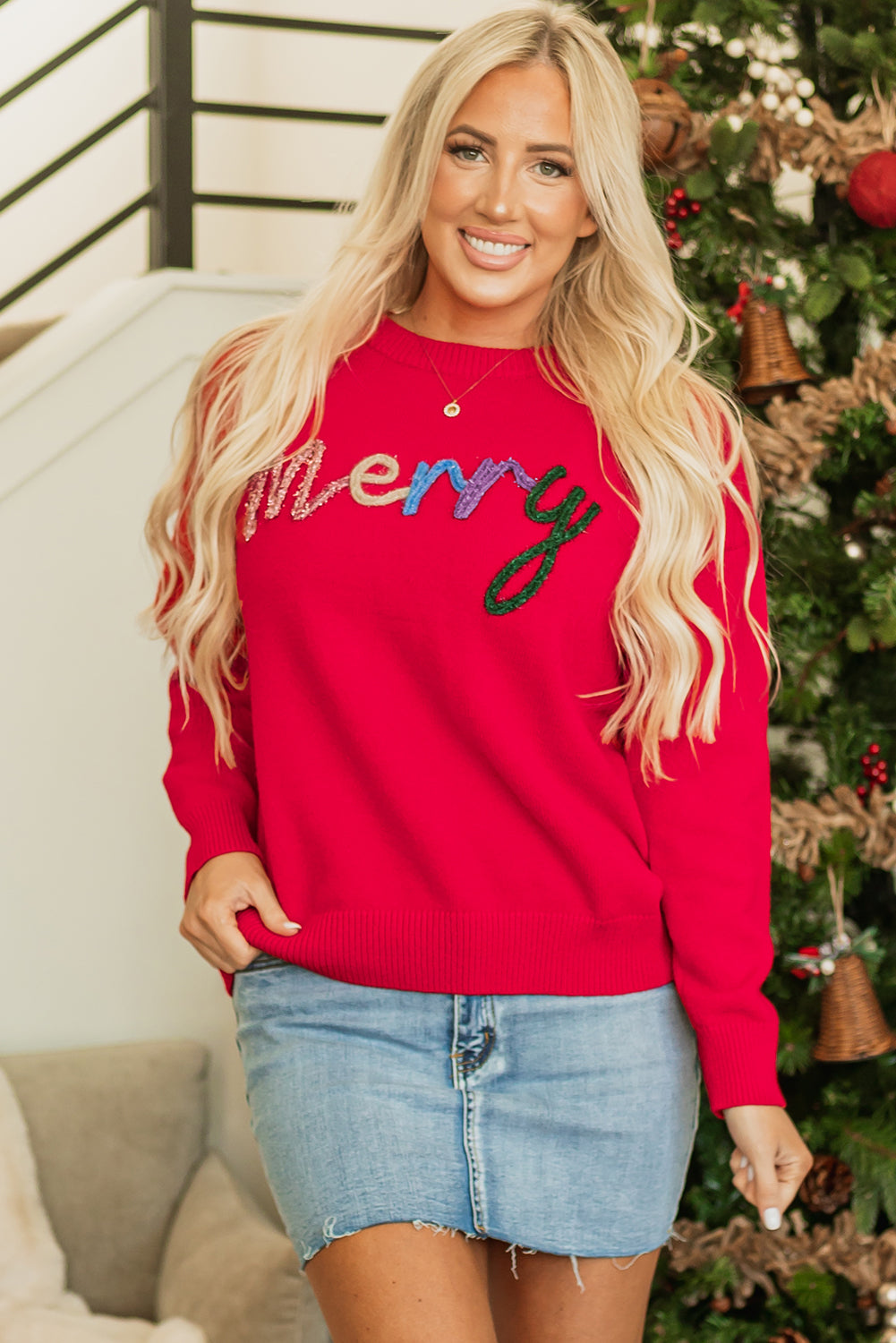 Fiery Red Tinsel Merry Letter Drop Shoulder Baggy Sweater Sweaters JT's Designer Fashion