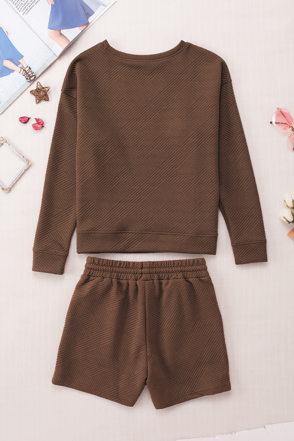 Brown Textured Long Sleeve Top and Drawstring Shorts Set Short Sets JT's Designer Fashion