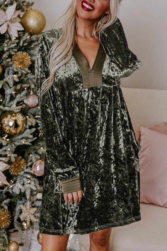 Jungle Green Velvet Long Sleeve V Neck Loose Dress with Pockets Mini Dresses JT's Designer Fashion