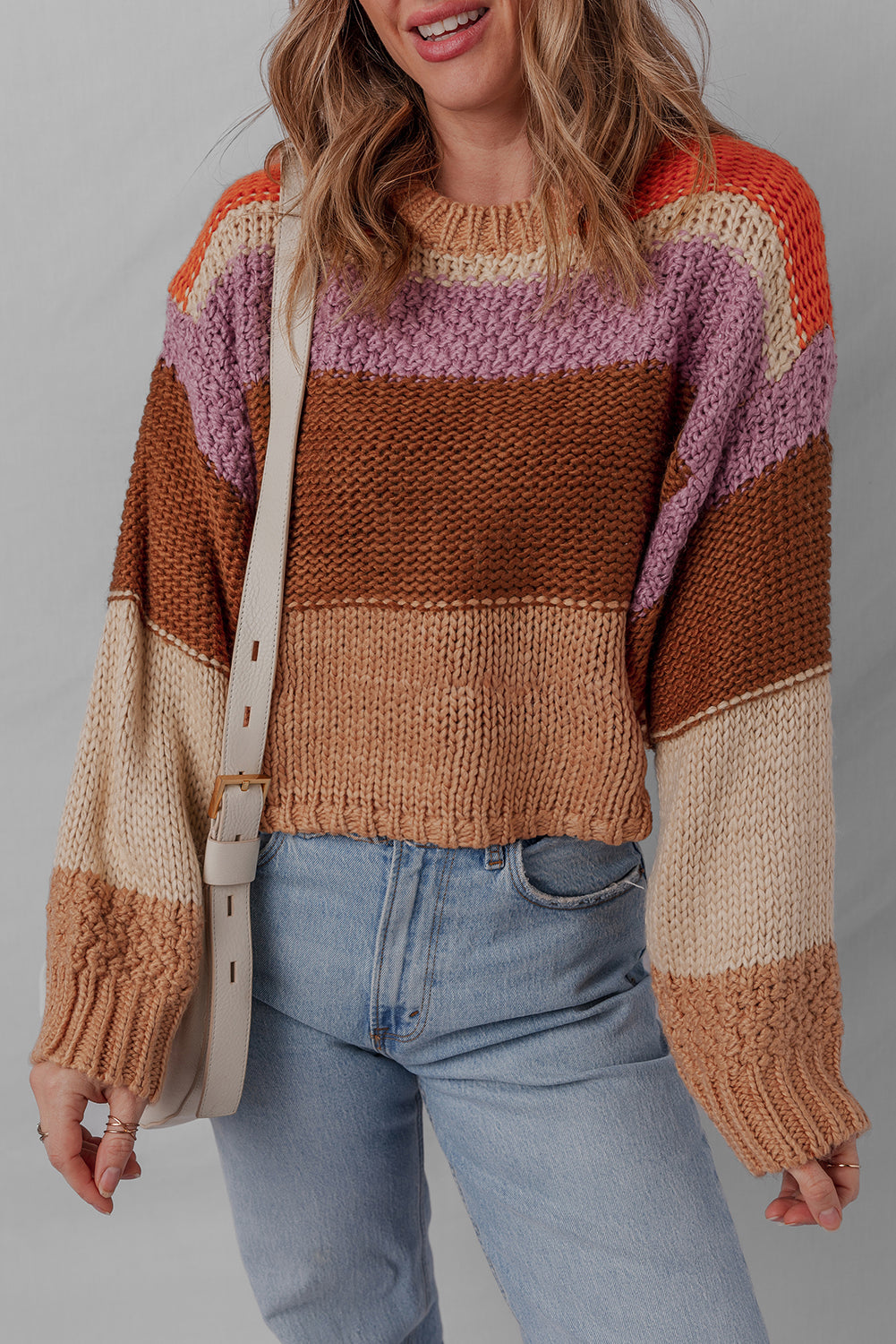 Multicolour Cropped Colorblock Drop Shoulder Knitted Sweater Multicolour 100%Acrylic Sweaters JT's Designer Fashion