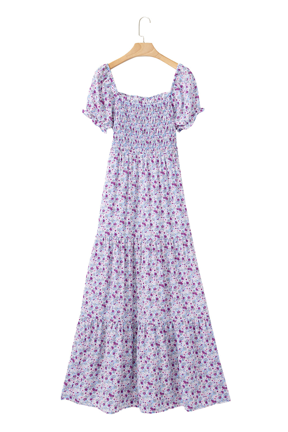 Purple Floral Short Bubble Sleeve Shirred High Waist Long Dress Maxi Dresses JT's Designer Fashion