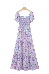Purple Floral Short Bubble Sleeve Shirred High Waist Long Dress Maxi Dresses JT's Designer Fashion