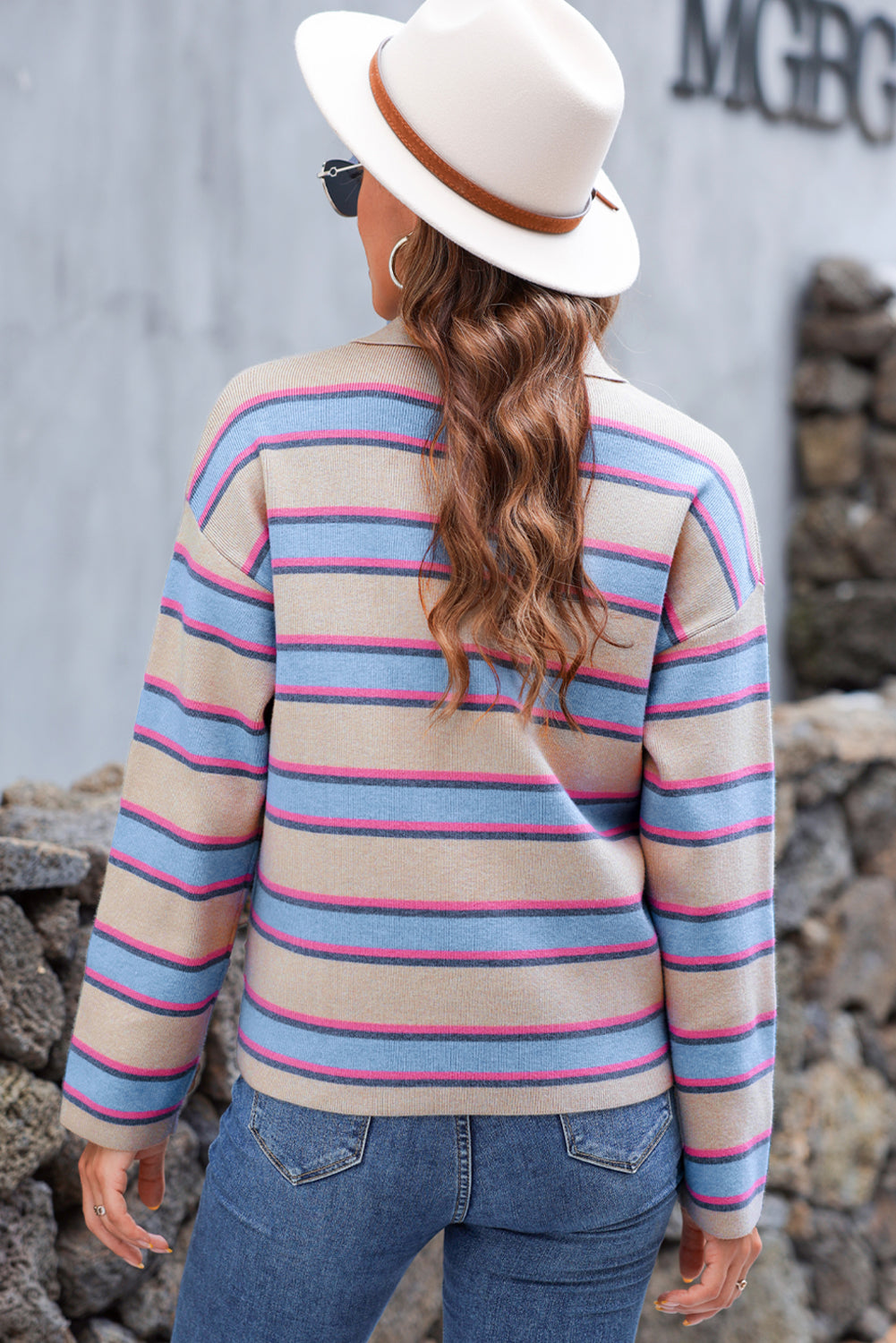 Apricot Stripe Collared V Neck Drop Shoulder Loose Sweater Sweaters JT's Designer Fashion