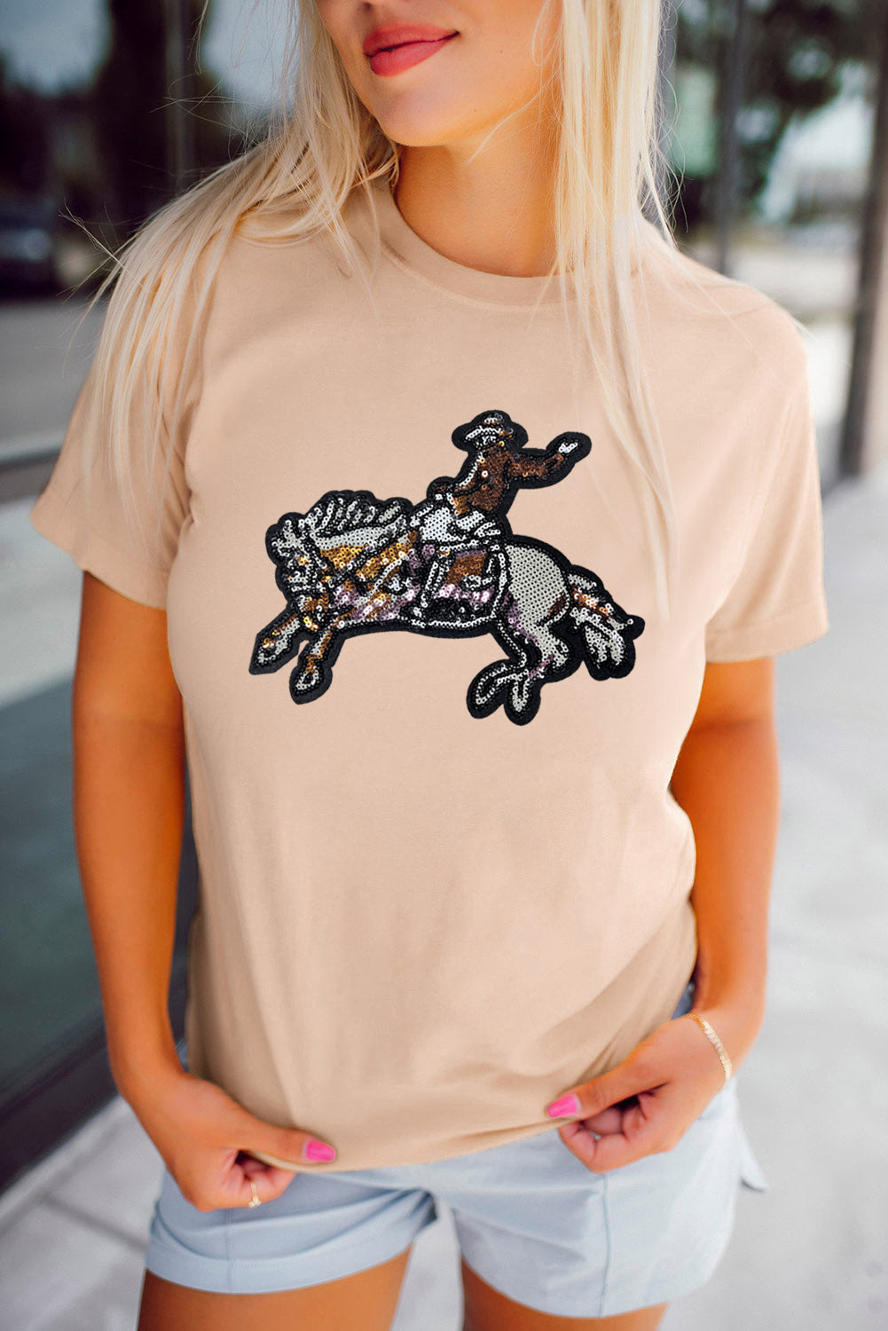Khaki Sequin Rodeo Graphic Crewneck Tee Graphic Tees JT's Designer Fashion