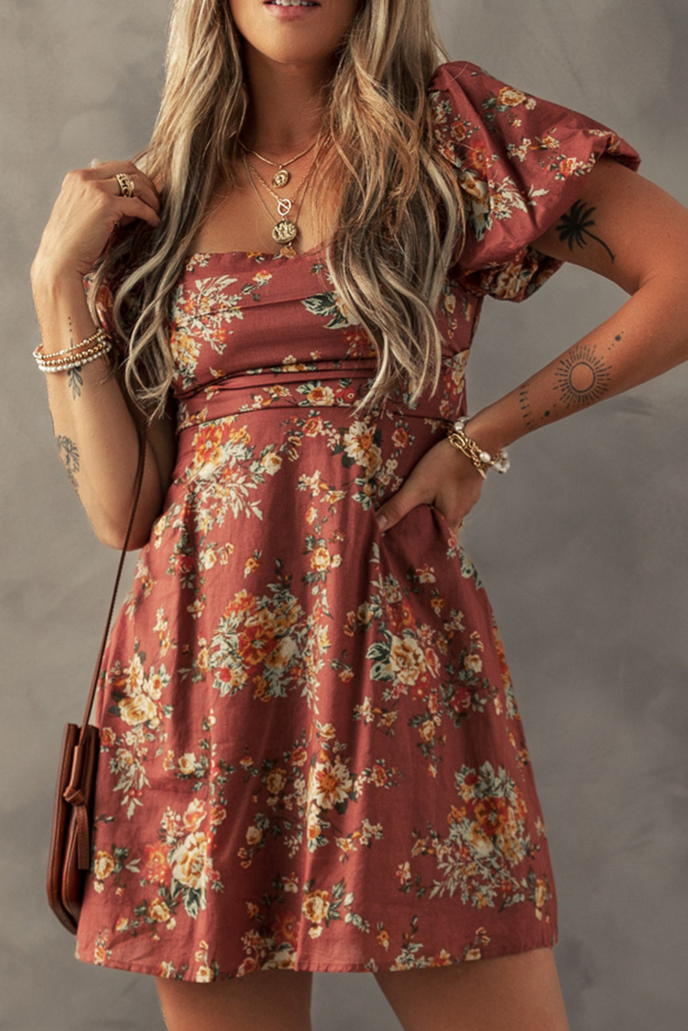 Red Floral Puff Sleeve Square Neck Knot Open Back Mini Dress Mini Dresses JT's Designer Fashion