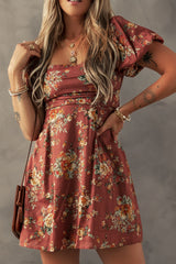Red Floral Puff Sleeve Square Neck Knot Open Back Mini Dress Mini Dresses JT's Designer Fashion