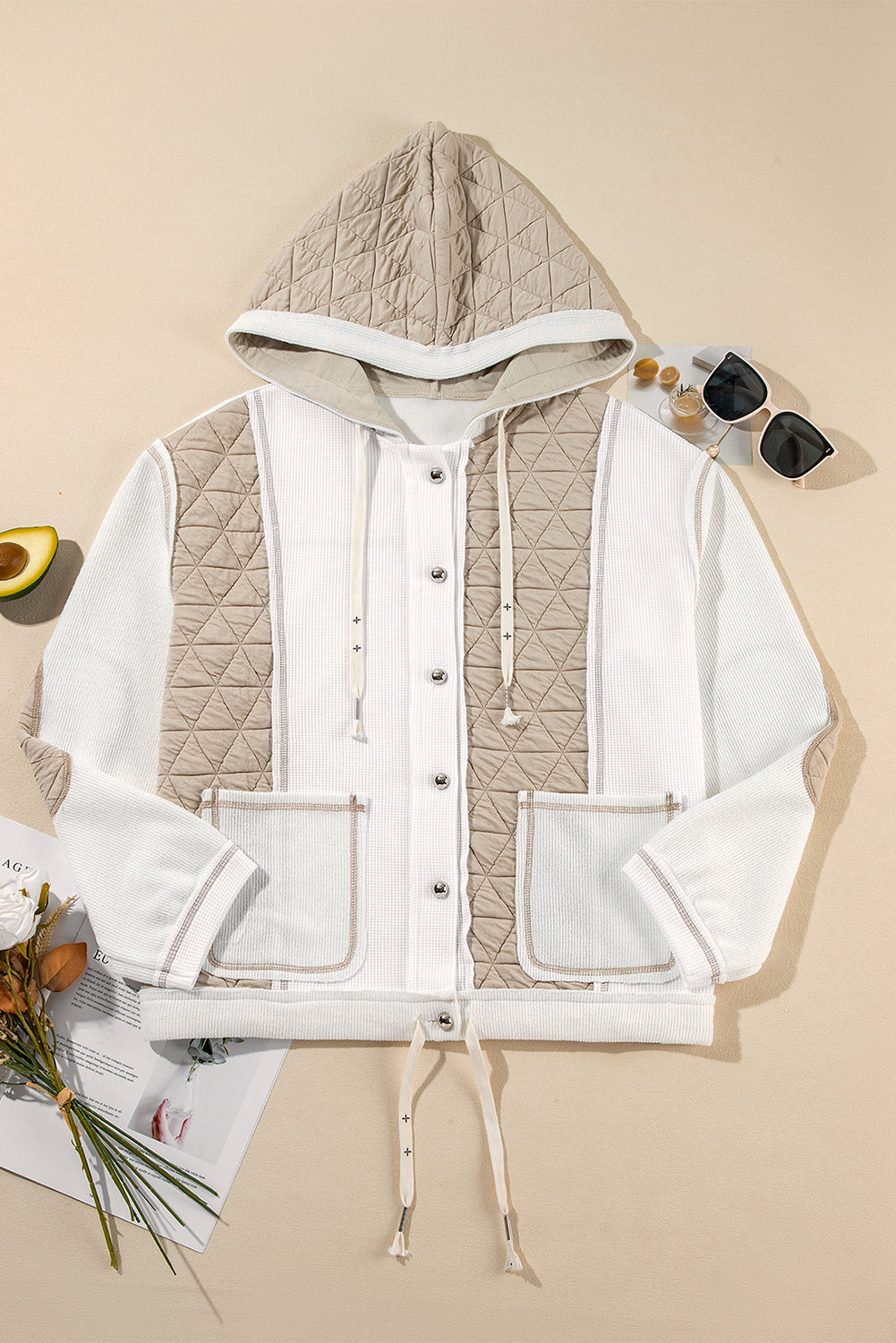 Beige Quilted Textured Patchwork Loose Fit Hooded Jacket Jackets JT's Designer Fashion